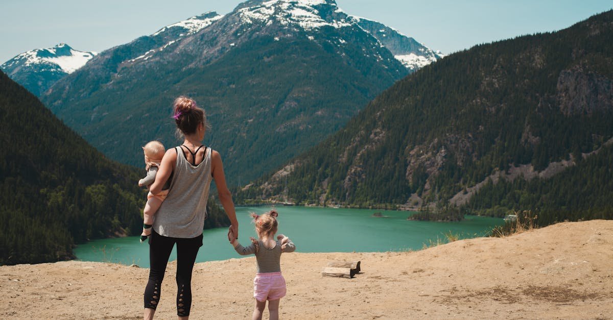 A mother with two children enjoys a scenic mountain and lake view during a sunny outdoor hike.