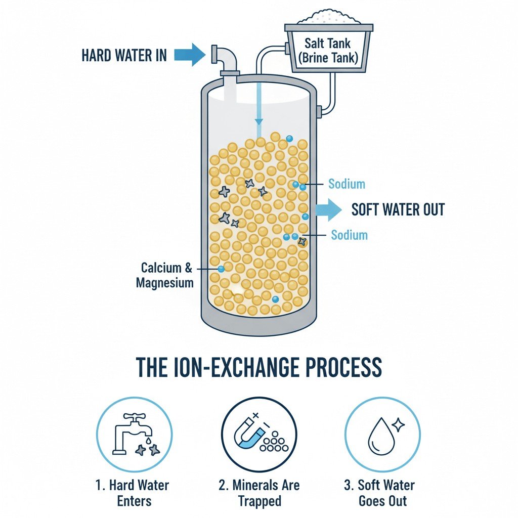 Diagram of how a water softener works using the ion exchange process.